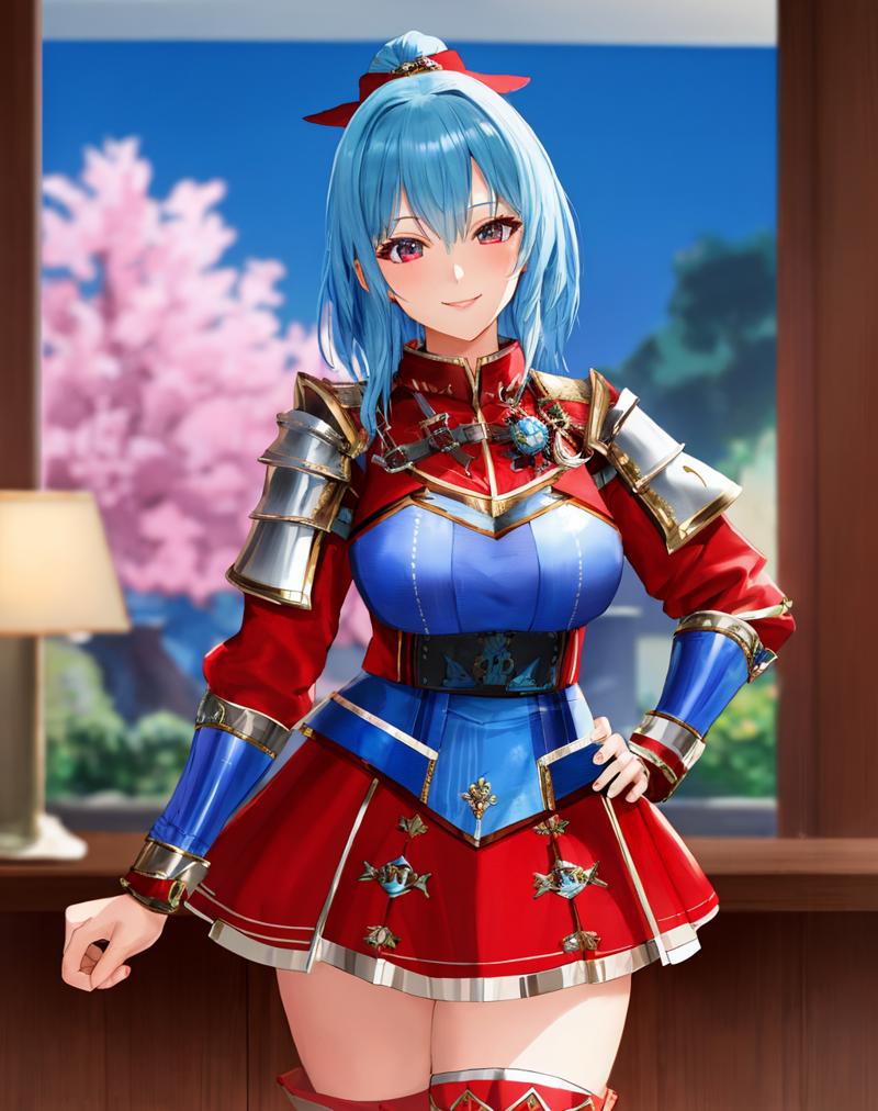 03342-1950724082-Masterpiece, absurdres, fine detail, HDR, highly detailed face and eyes, anime, smiling, MHmix, a blue haired woman in armor, a.png